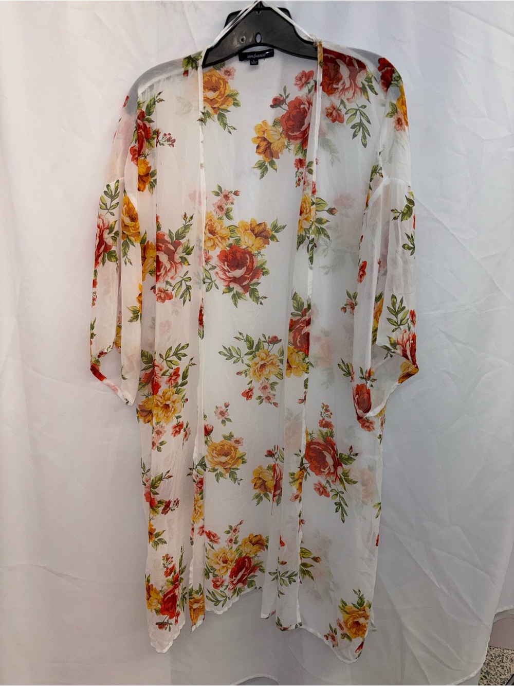 Ambiance White Sheer Floral Kimono with Red & Yellow Roses